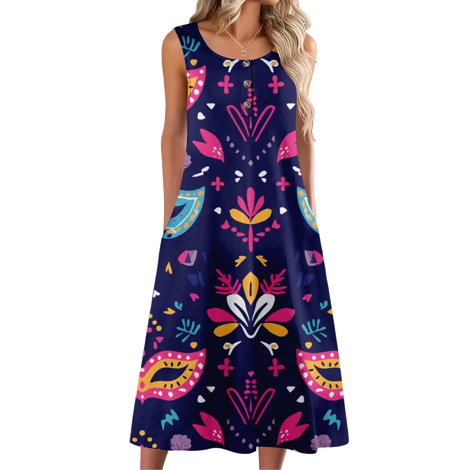 

Women s Fashion Casual Sleeveless Buttoned Carnival Printed Dress with Pockets S фіолетовий