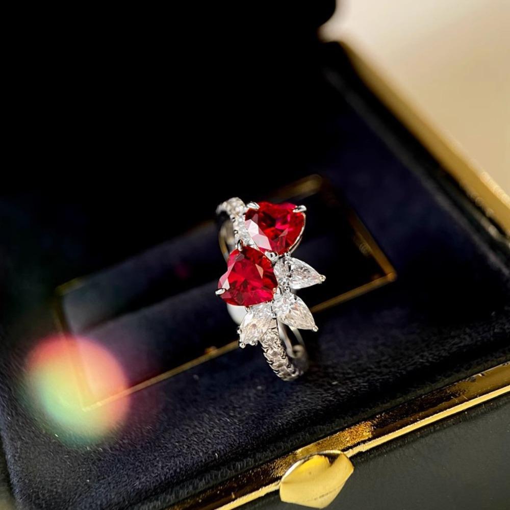 Women Jewelry Set Heart Shaped Ruby Diamond Earrings Red Corundum Ring Love Necklace Gift for Her