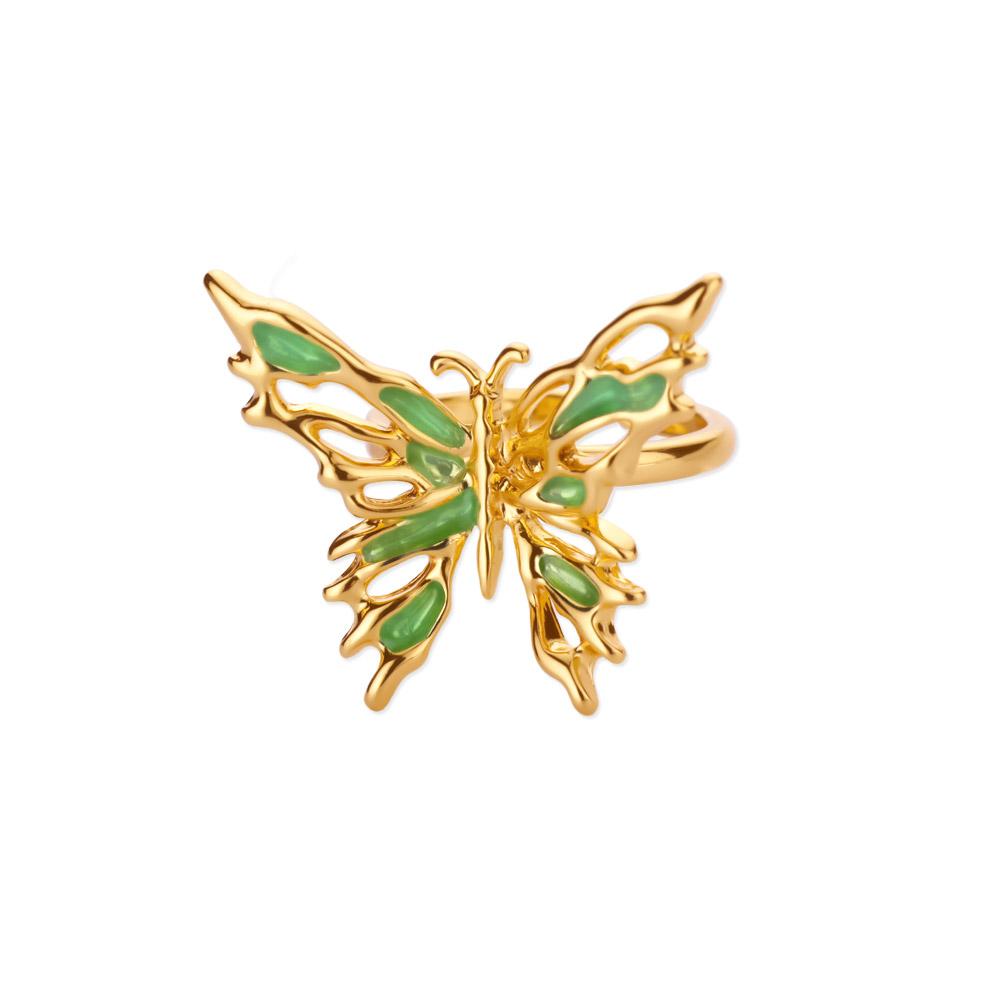 Green Oil-Dripping Butterfly Rings For Women Gold Color Vintage Geometric Butterfly Opening Ring Wedding Aesthetic Jewelry Gift