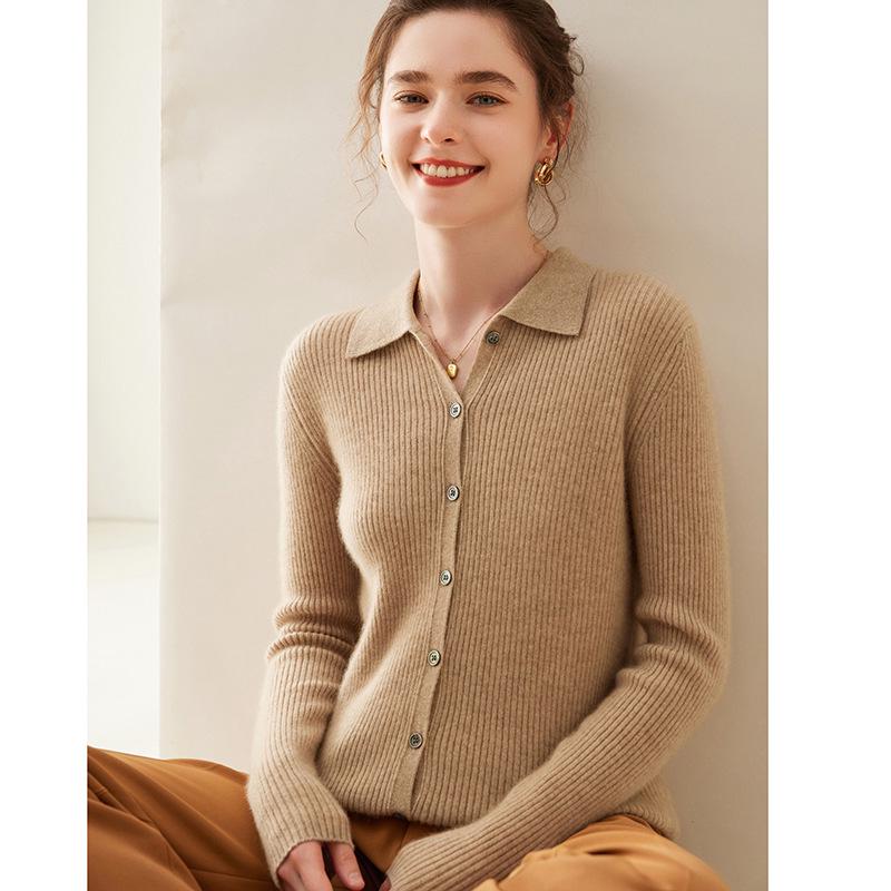 Women's Striped Polo Collar Cashmere Knit Cardigan Sweater for Autumn and Winter
