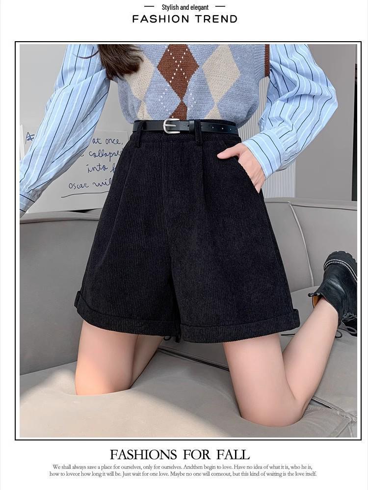 Maillard Coffee Corduroy High-Waist A-Line Shorts for Women - Autumn/Winter