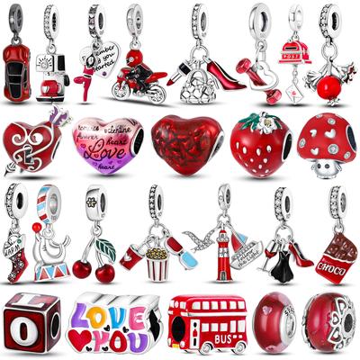 Red Color Series Charms Beads 925 Silver Blood Heart Love Car Strawberry Fruit Dangle Fit Original Bracelet DIY Jewelry