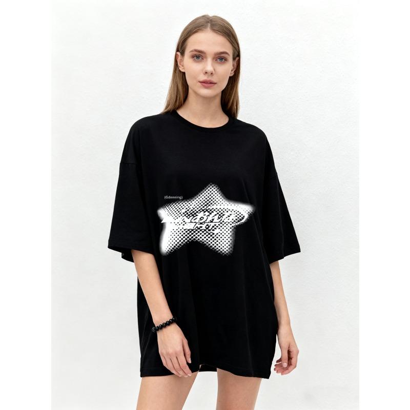 

Oversized T Shirt Black Star Graphic Print With Text Casual Wear For Women S