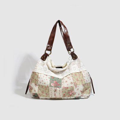 

Sweet Cute Floral Lace Tote Bag Women Patchwork Large Capacity Shoulder Bag Ladies Japanese Harajuku Versatile Underarm Bag Chic 37.5x31x15cm бежевий