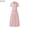 ZANZEA Women Short Sleeve Blouse and Midi Skirts Summer Two Piece Suit Sets