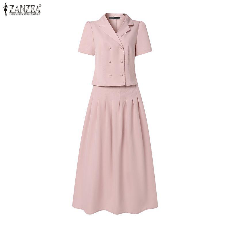 ZANZEA Women Short Sleeve Blouse and Midi Skirts Summer Two Piece Suit Sets