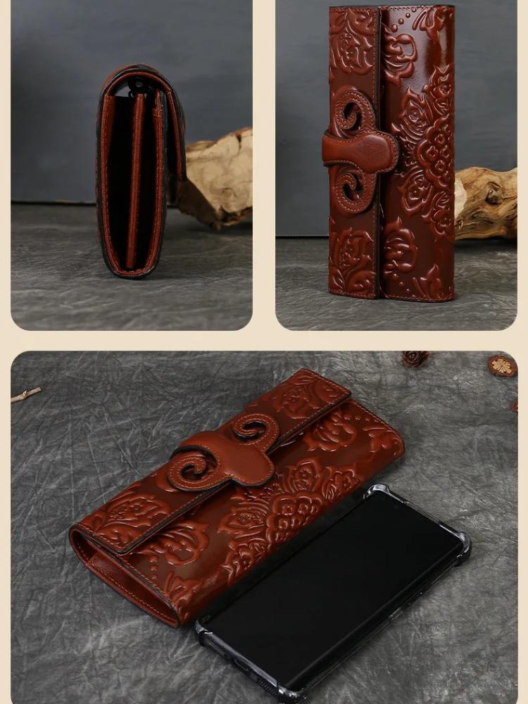 Johnature Genuine Leather Women's Long Wallet With Multiple Card Holders Retro Embossed Purse Chinese Style Handbag