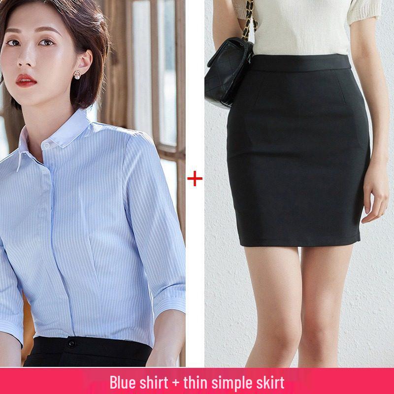 Women's Blue Striped Slim-Fit Work Shirt with Mid-Length Sleeves for Spring/Summer