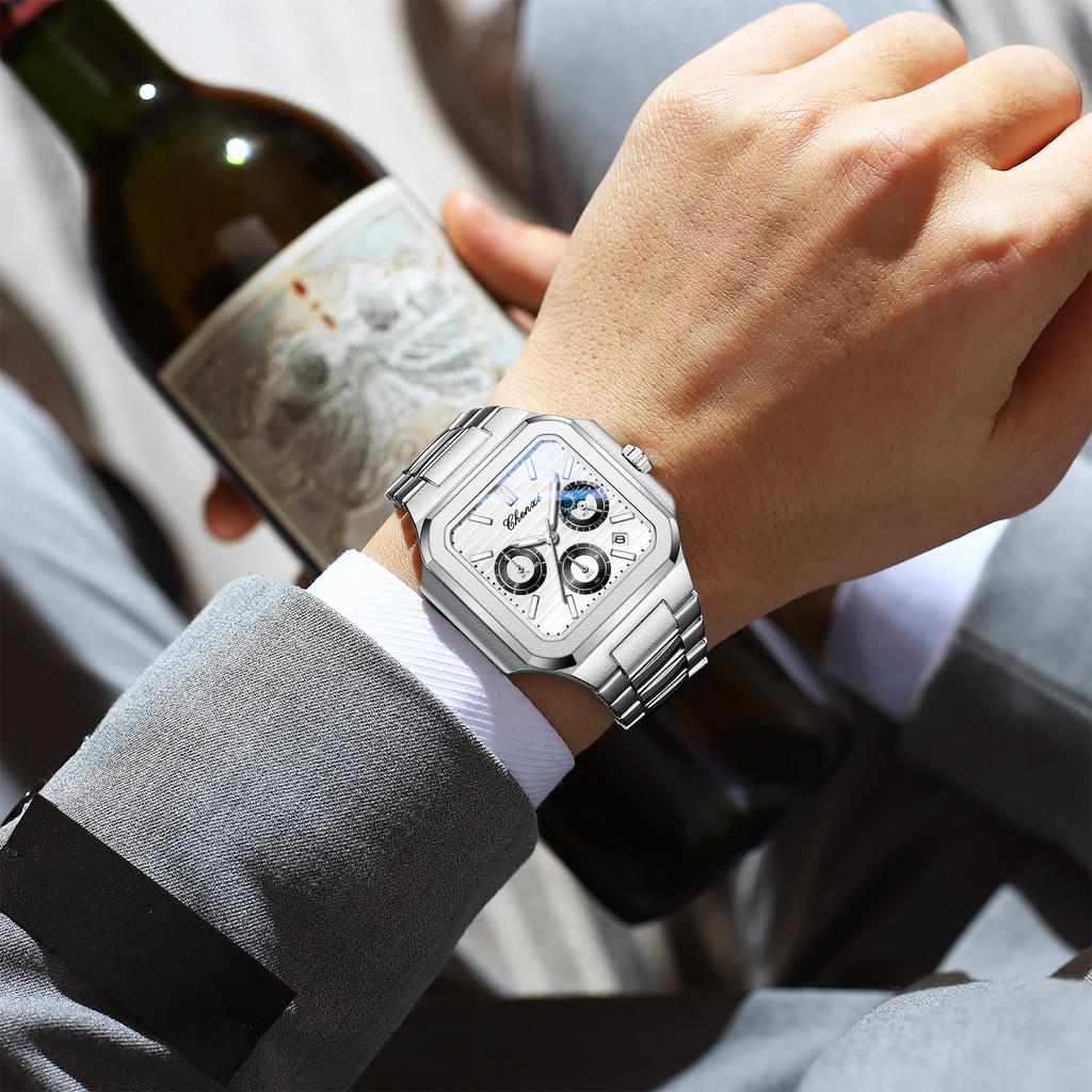 Fashion Men Watch Luminous Waterproof Chronograph Date Man Wristwatch Square Stainless Steel Quartz Men's Watches Reloj