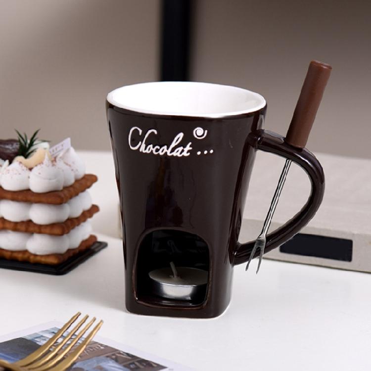 Portable Ceramic Fondue Pot Melting Cup Ceramic Fondue Mug With Fork Great For Chocolate And Cheese Melting At Event