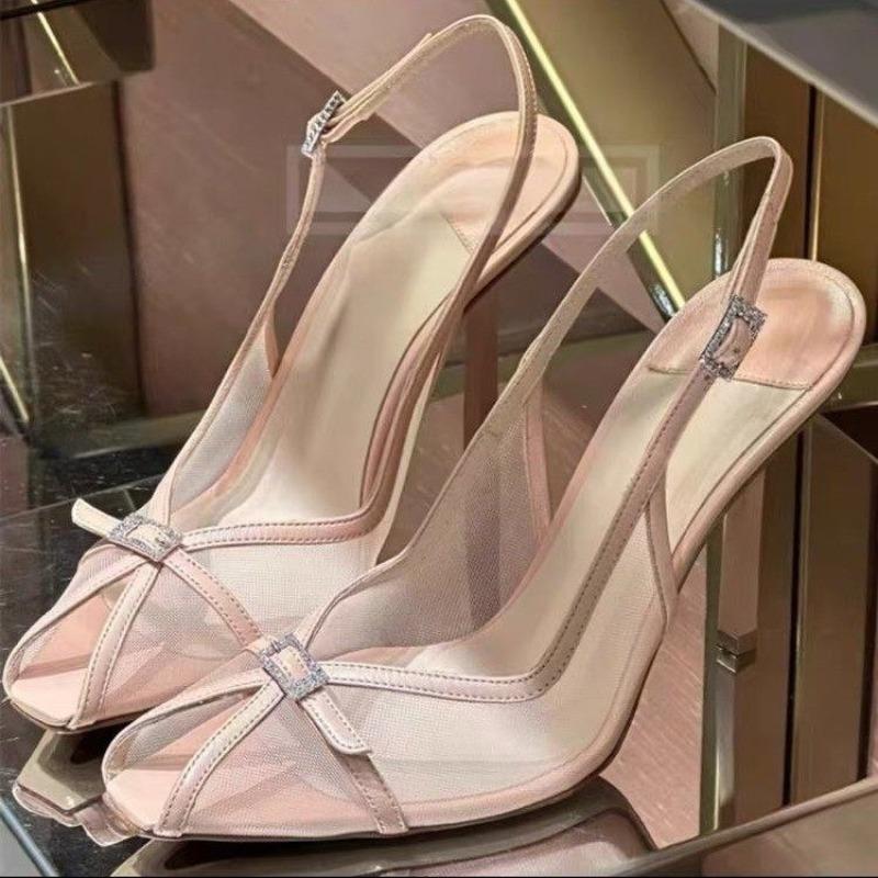 Pink Buckle Strap Women Sandals Fashion Crystal Hollow Out Female Pumps Spring Outdoor Slingback Fine Heel Zapatos Mujer