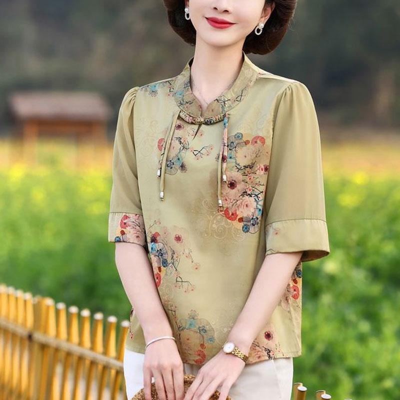 Stand Collar Loose Blouse Summer Vintage Floral Printed Women Folk Chinese Disc Buckle Half Sleeve Shirt