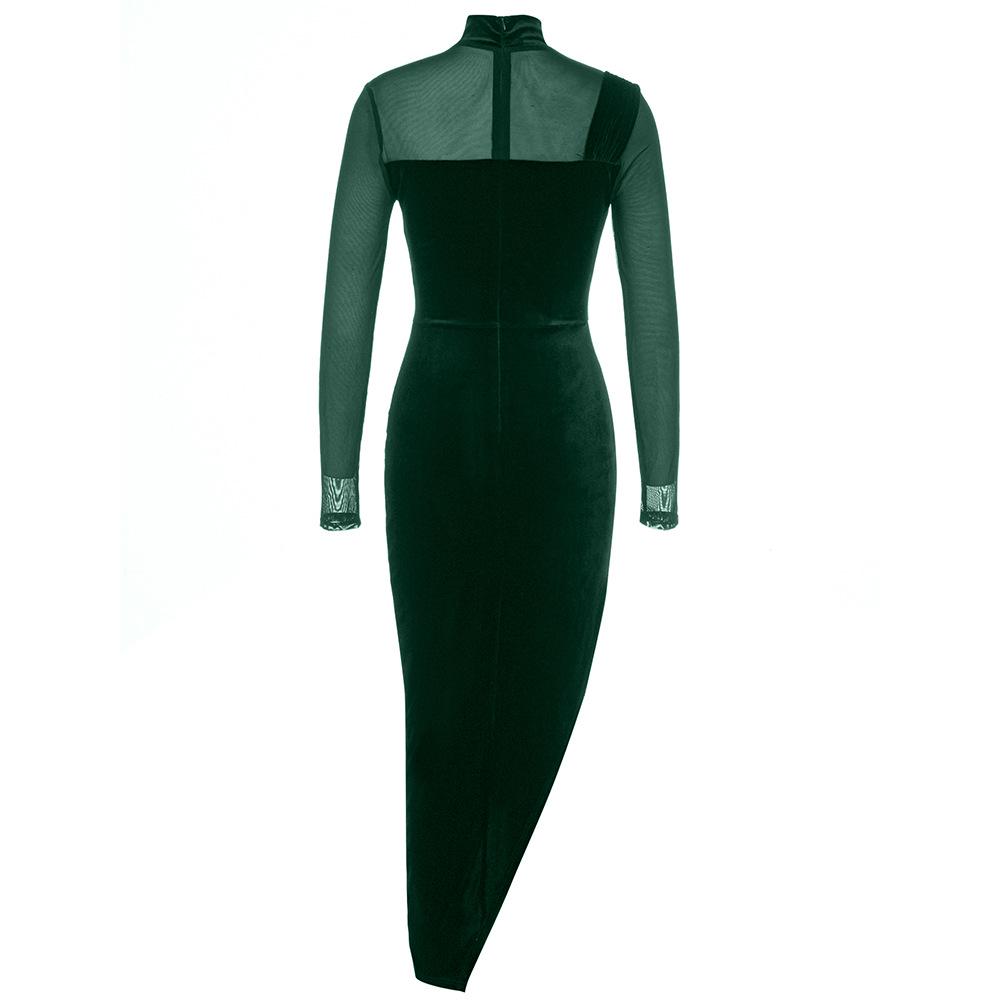 Letnia sukienka damska z aksamitu z rękawami z siateczki i okrągłym dekoltem