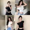 French Lace Off-shoulder Waist and Thin T-shirt Women's Summer New Design Sense Chic Pleated Niche Short Top