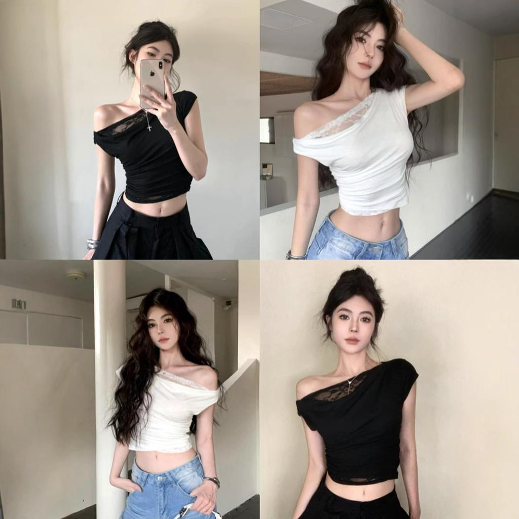French Lace Off-shoulder Waist and Thin T-shirt Women's Summer New Design Sense Chic Pleated Niche Short Top