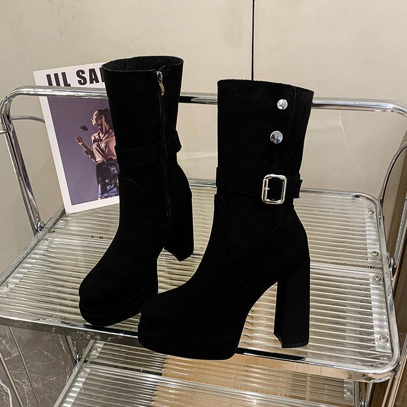 

Vintage Platform Thick Heel Women Knee High Boots Fashion Slip On Shoes Autumn Winter Female Slim Suede Long Booties 40