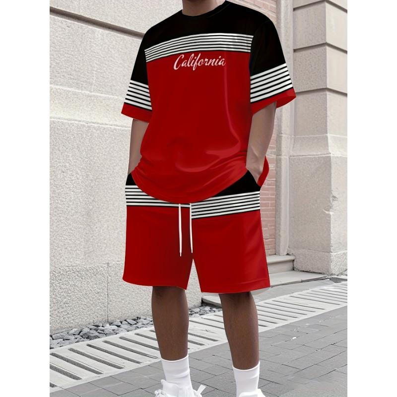 

Men s summer breathable and comfortable round neck T-shirt top shorts set with striped pattern print outdoor two-piece set 6XL