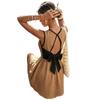 European New Summer Apricot Black Wave Webbing Waist Sleeveless Round Neck Short Dress