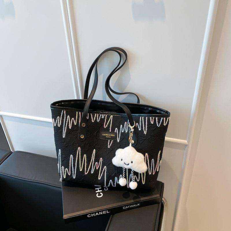 

Сумка-тоут большой вместимости женская вышивка универсальная студенческая для учебы и отдыха личность легкая для поездок премиум на плечо No pendant чёрный