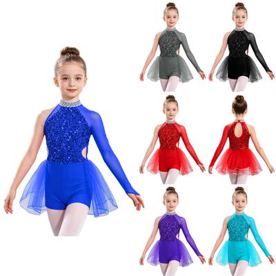 Macacão Assimétrico para Meninas com Body de Lantejoulas Brilhantes e Saia de Tule, Costas com Abertura Keyhole, Cintura Marcada