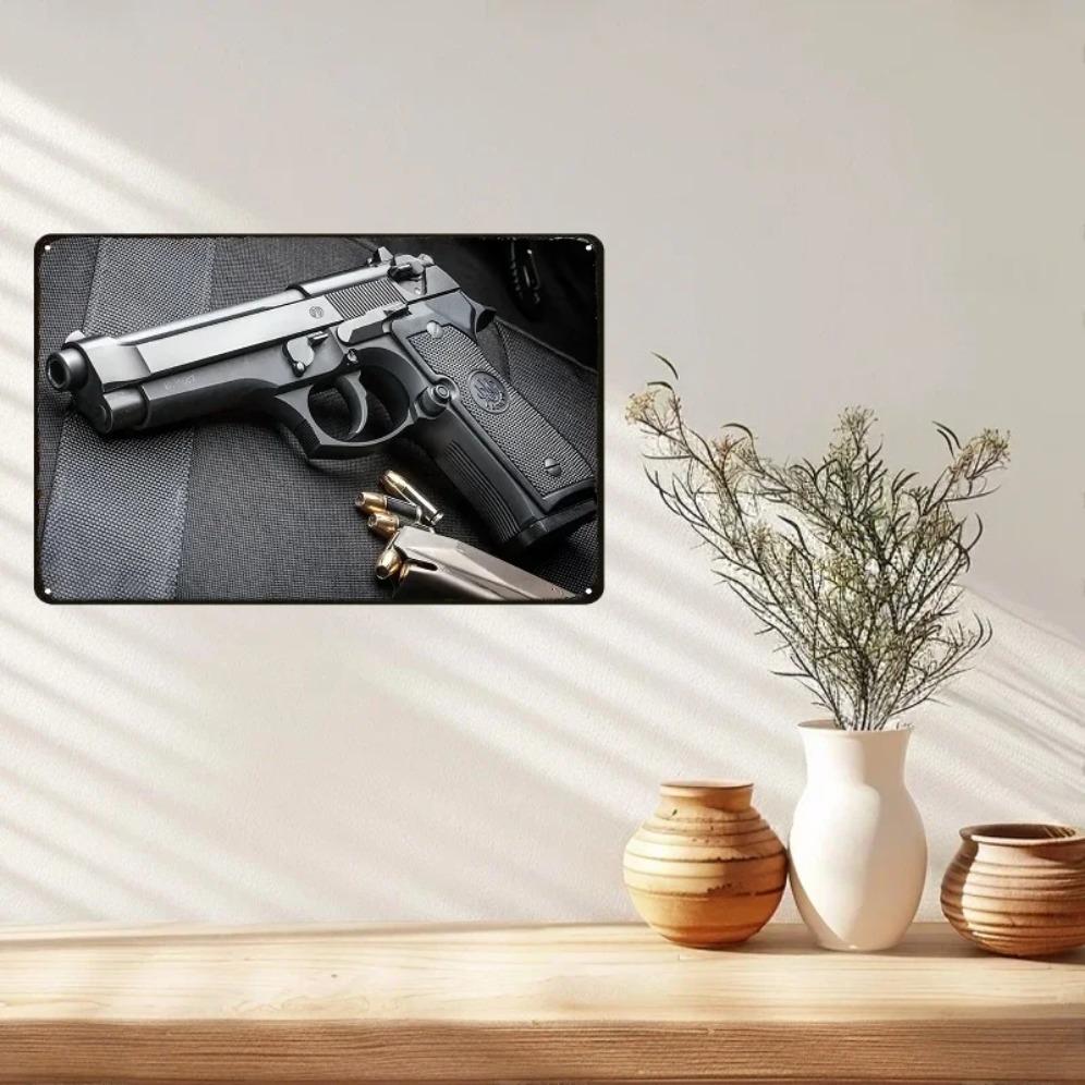 Vintage Handgun Metal Tin Sign 12x8 inch Retro Wall Art for Home Bar Garage Decor