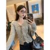 Women's Retro Tie-Up Design Long-Sleeve Textured Cropped T-Shirt for Autumn/Winter