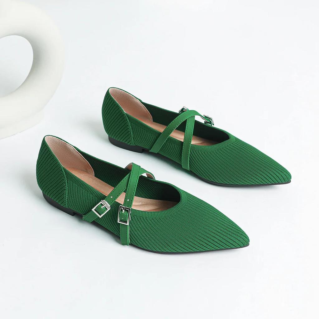 Women Mary Jane Shoes Pointed Toe 2025 Spring Shallow Cross Strap Women Dress Shoes Breathable Knitted Mid-heel Shoes Ladies