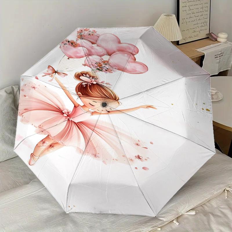 Pink Flower Balloon Ballet Girl Automatic Opening/Closing Umbrella - Portable Three-Fold Design with Iron Frame for Outdoor Use, Perfect Gif