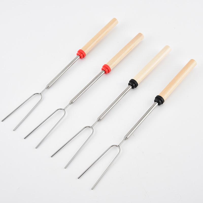 Stainless Steel Retractable Barbecue Fork Outdoor BBQU-shaped Barbecue Fork Wooden Handle Barbecue Stick Barbecue Fork Barbecue Stick