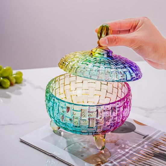 Large Glass Candy Dish with Lid Hand Painted Colorful Candy Jar Decorative Jewelry Box Wedding Buffet Biscuit Container for Cookies Nuts Chocolates
