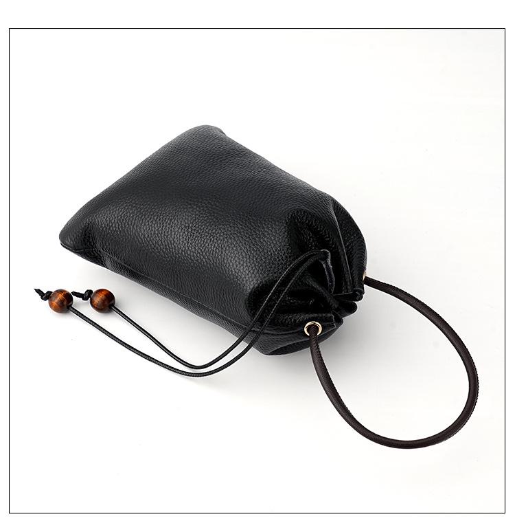 New Genuine Leather Drawstring Shoulder Bag with Earphone and Cable Storage - Korean Style Cowhide Messenger Bag