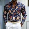2026 Nova Camisa Masculina Camisa Retrô com Rosa Fundo Azul Estampa de Rosa Dourado e Vermelho Camisa Masculina Emagrecedora de Manga Longa Estilo de Rua Roupa Masculina