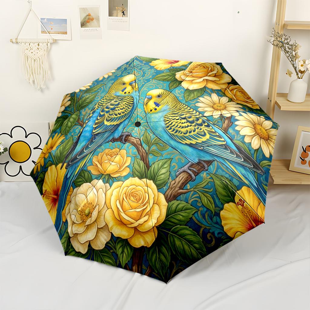 Parakeets Amidst Floral Splendor. Automatic Umbrella Compact & Durable 8-Rib Design Foldable Design for Women/Men Fashionable