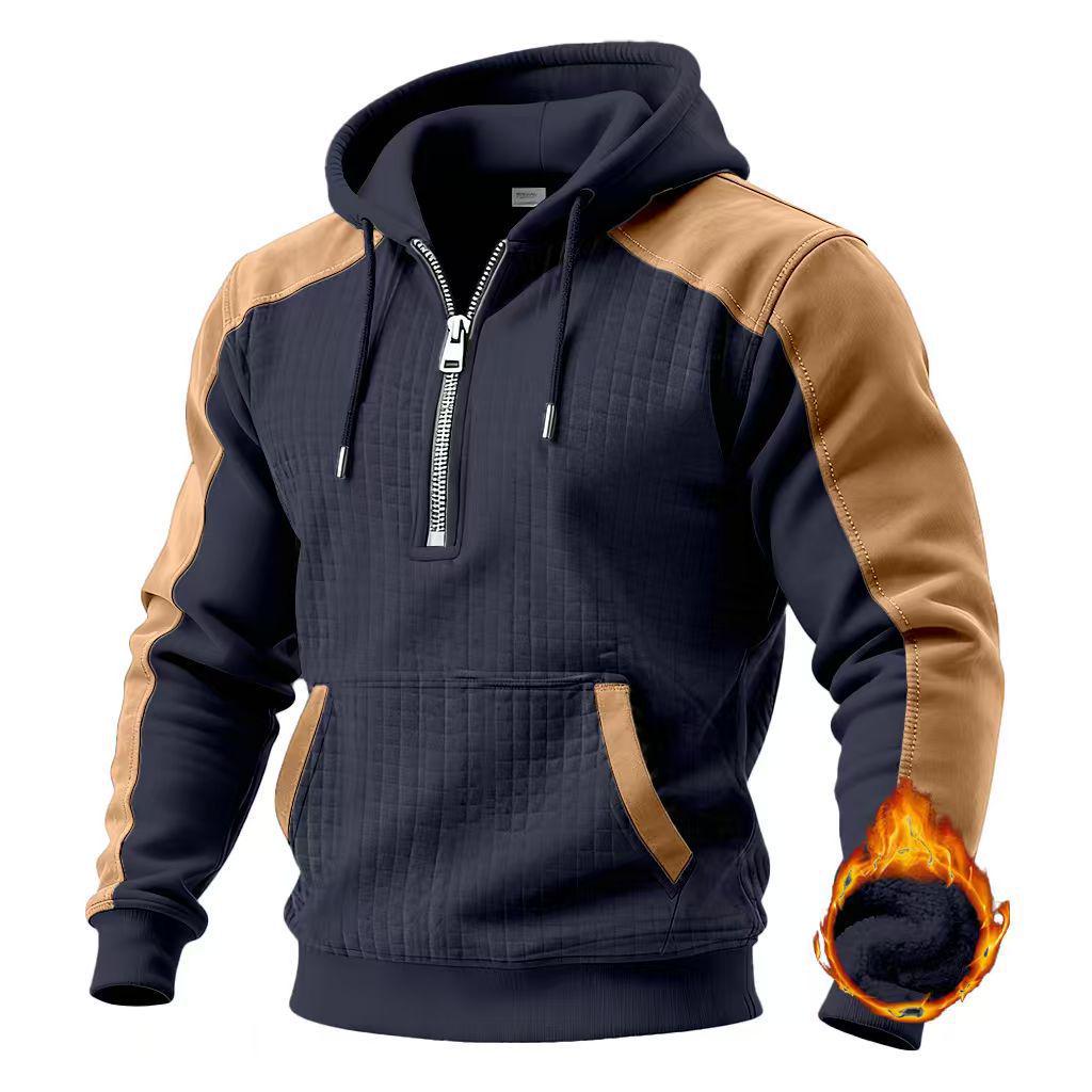 Men's Color Block Fleece Hooded Sweatshirt - Warm Tactical Pullover with Zipper and Long Sleeves for Autumn/Winter