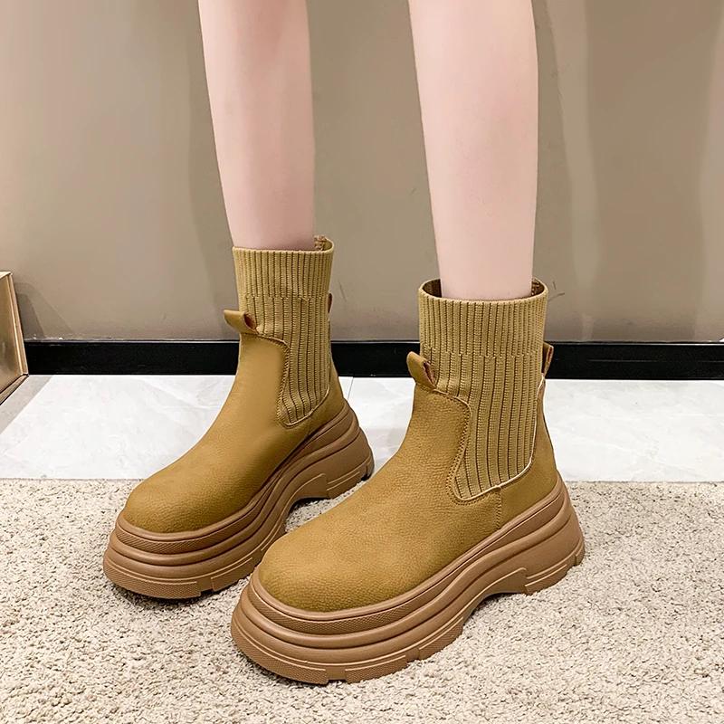 Women Chelsea Boots Autumn New Black Mid Ankle Platform Lady Shoes Female All Match Classic Concise Fashion Round Toe Boots