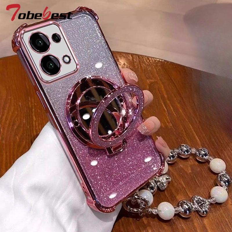 Shockproof Glitter Plating Case for Xiaomi Redmi 15C 15 4G 5G Mirror Magnetic Holder Beaded Bracelet Cover