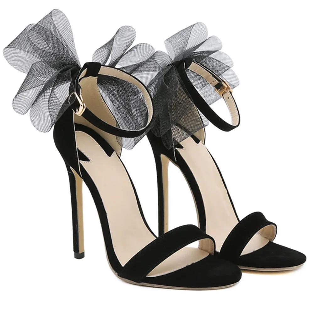 Fashion Sexy Black Lace Butterfly-knot Decoration Women Sandals One Word Peep Toe Buckle Strap Cover Heel Thin High Heeled Banquet Shoes