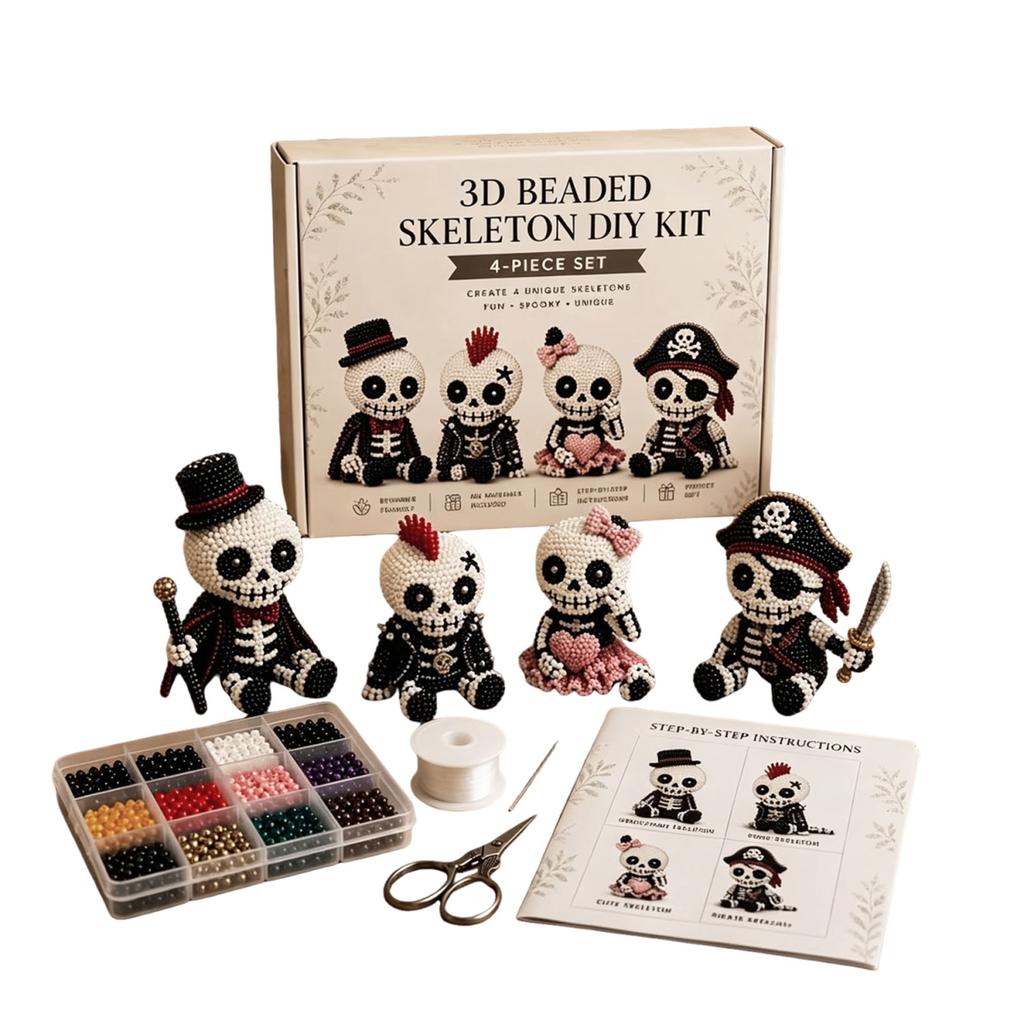 4Pcs Cute Skeleton Bead Craft Set Beginner-Friendly Handmade Skeleton Figurine Making Kit for Teens Adults Home Decor Gift