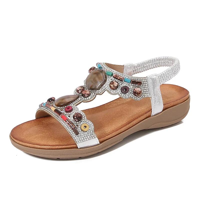 

Fashion Shoes for Women Summer 36-42 Beaded Rhinestone Wedges Plus Size Open Toe Bohemian Sandals Elastic Strap Shoes Sandalias De Mujer 42 серебряный
