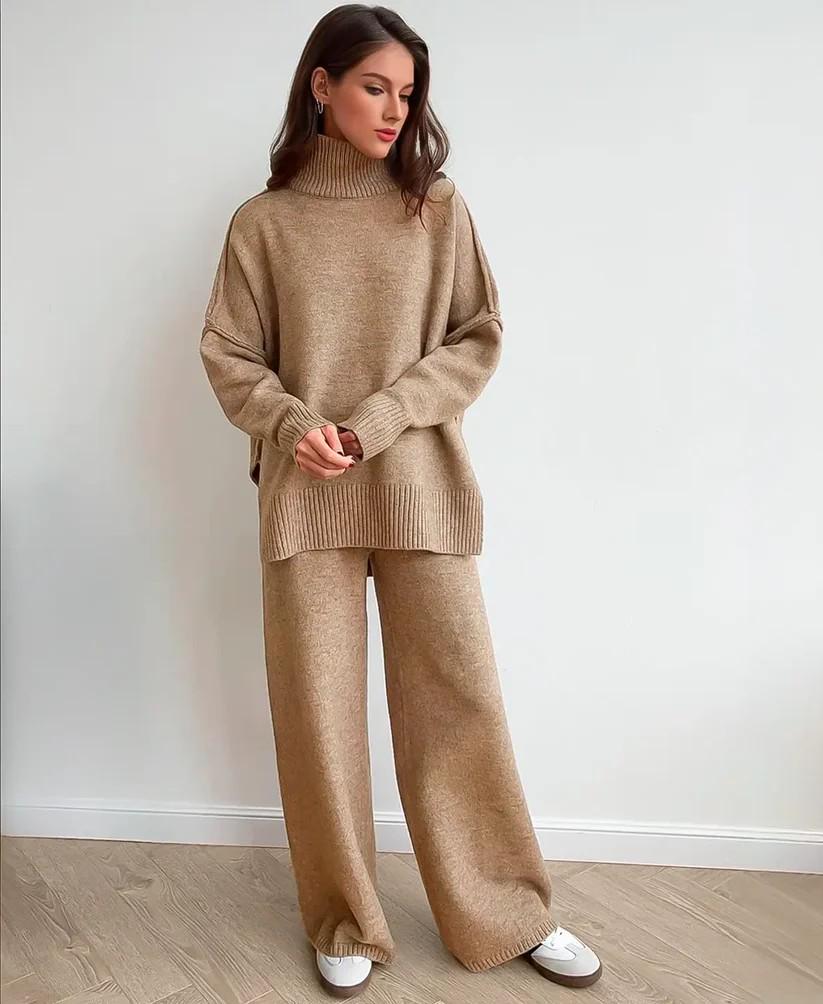 2025 Autumn/Winter Casual Solid Color Knitted Sweater Set: Loose High Neck and Pants