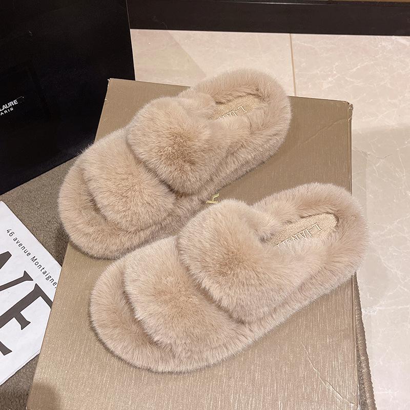 

Женские тапочки на толстой меховой подошве - двойная полоска, косой вырез, осенне-зимнее тепло 40