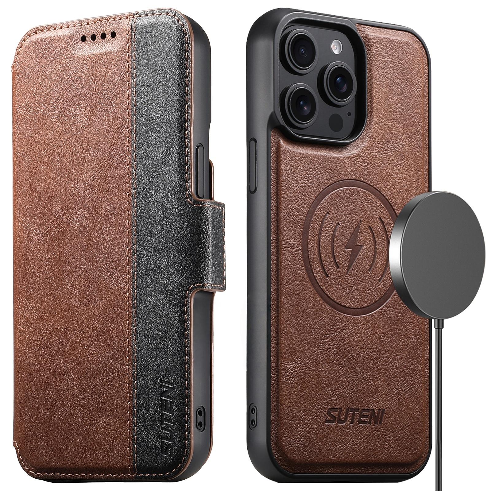 

SUTENI Q-07 For iPhone 16 Pro Case Magnetic Color Splicing Cowhide Texture Leather Cover Brown