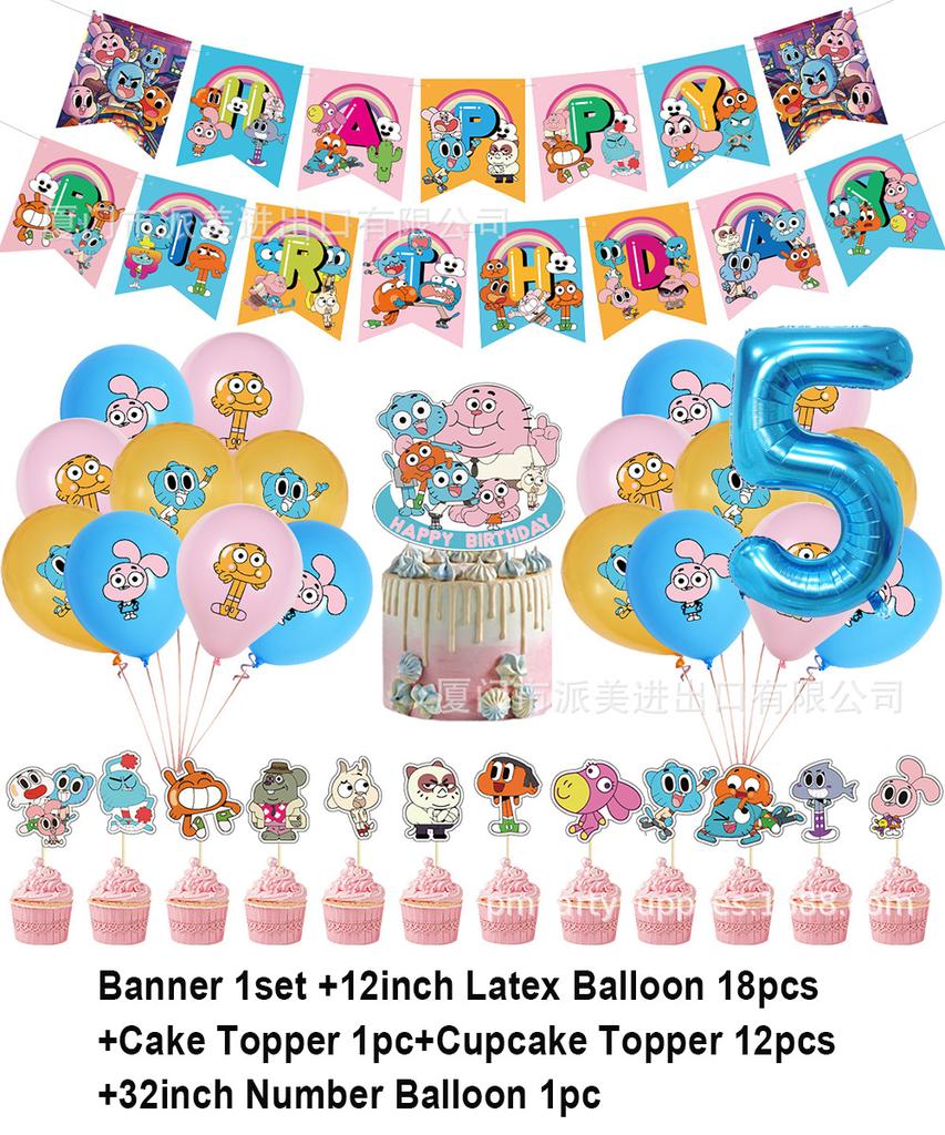 Cartoon Amazing World Birthday Party Decorations Gum&balles Balloon Banner Cake Topper Rabbit Cat Anime Backdrop Kid Favor Gift