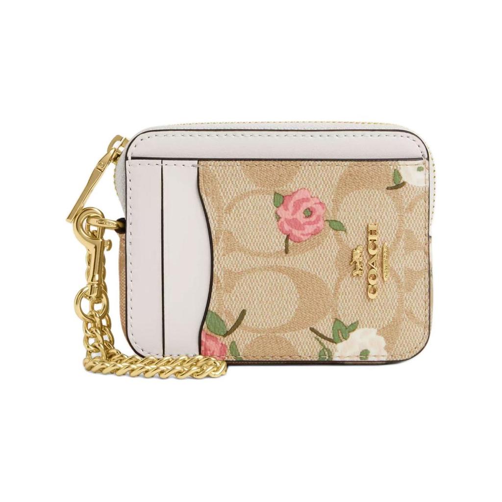 Coach Card Case 11 Floral Print Signature Coated Canvas And Smooth Leather Zipper Card Holder Women Accessories Gold Light-Khaki CR971-IMOTV