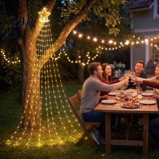 Holiday Decorative Yard Lighting Solar Christmas Tree Waterfall Light, 11.5FT 346 LED Powered String Light Star Decor with Moon Topper for Garden,