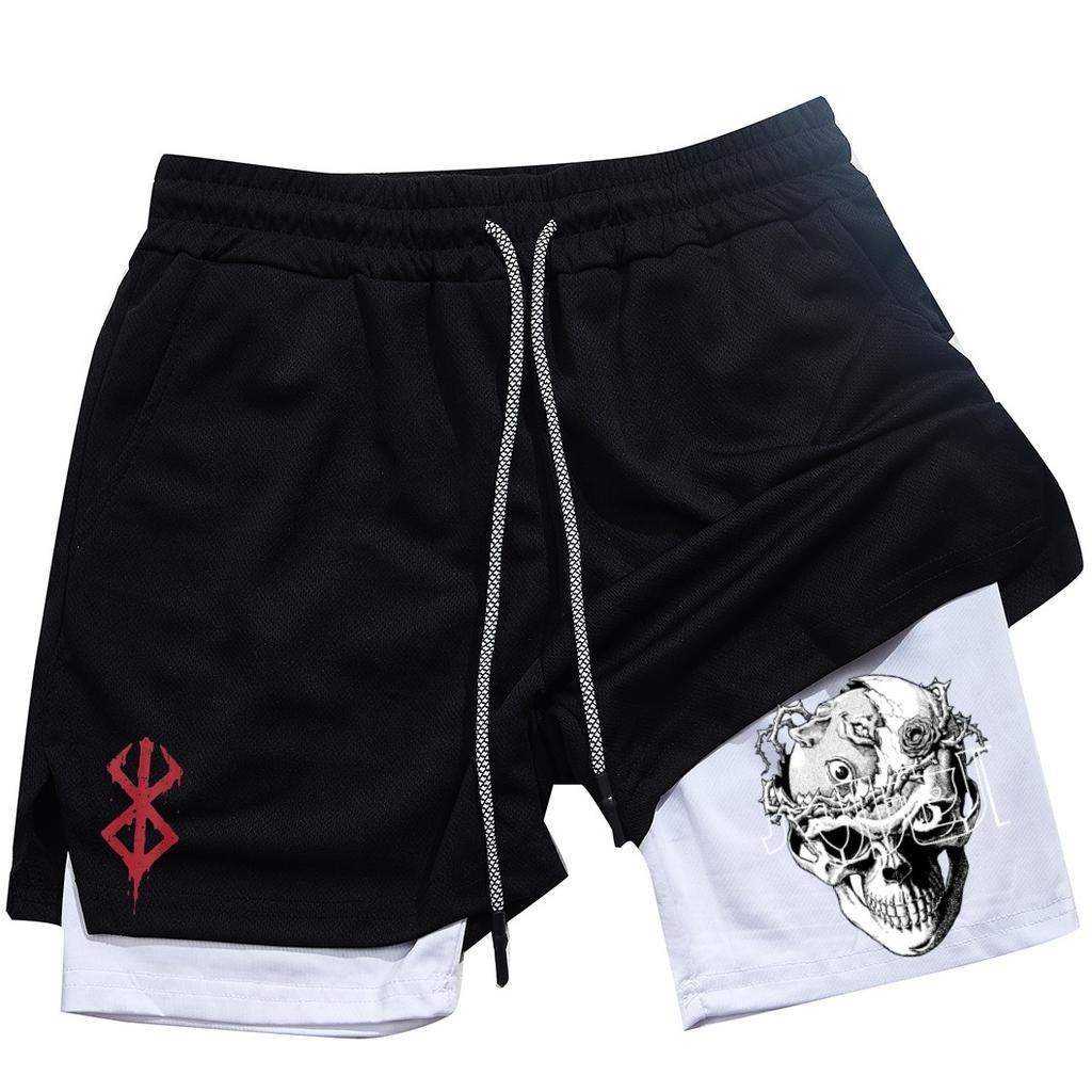 Pantalones cortos de gimnasio para hombre, ropa deportiva 2 en 1 de Anime para correr, trotar, entrenamiento, Yoga, baloncesto