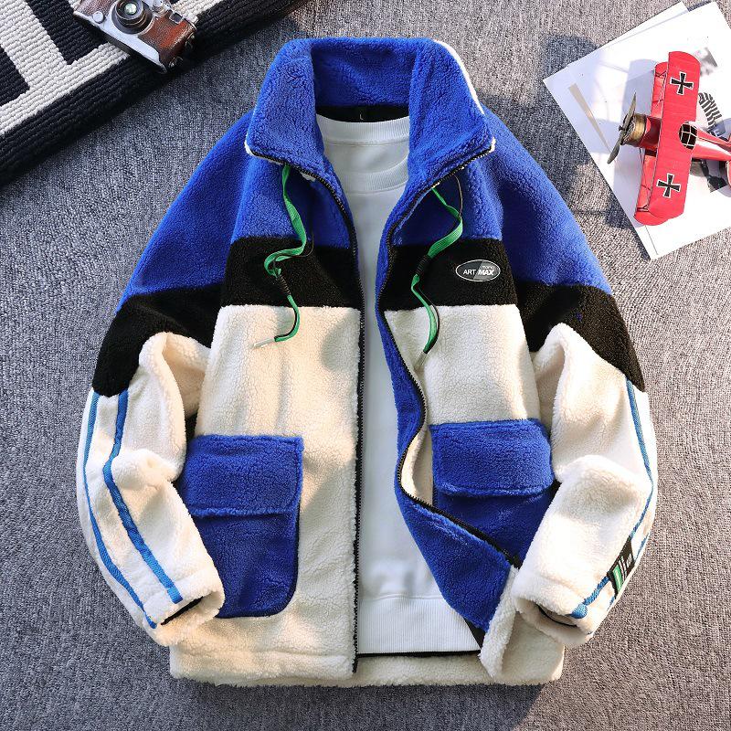 

Men s Winter Lambswool Color Block Jacket - Korean Style, Trendy, Warm & Thickened for Teens XXXL білий/синій