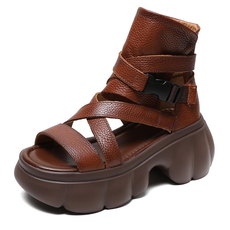 Women's Shoe Toe Layer Cowhide Roman Style Thick Soled Sandals Women's Fish Mouth Buckle Leather Cool Boots