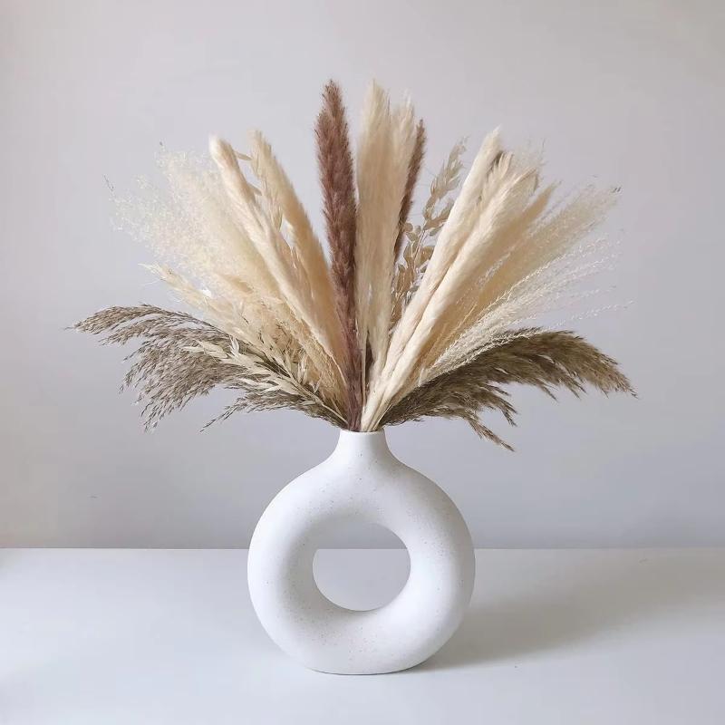 Modern Minimalist Donut-Shaped Vase-Durable Plastic Construction,Easy-Clean White Decorative Vase for Living Room,Bedroom,Office