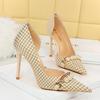 Women 7.5cm/11cm High Heels Comfortable Plaid Pumps Lady Holiday Middle Low Heels Fashion Replica Pearl Scarpins Evening Shoes